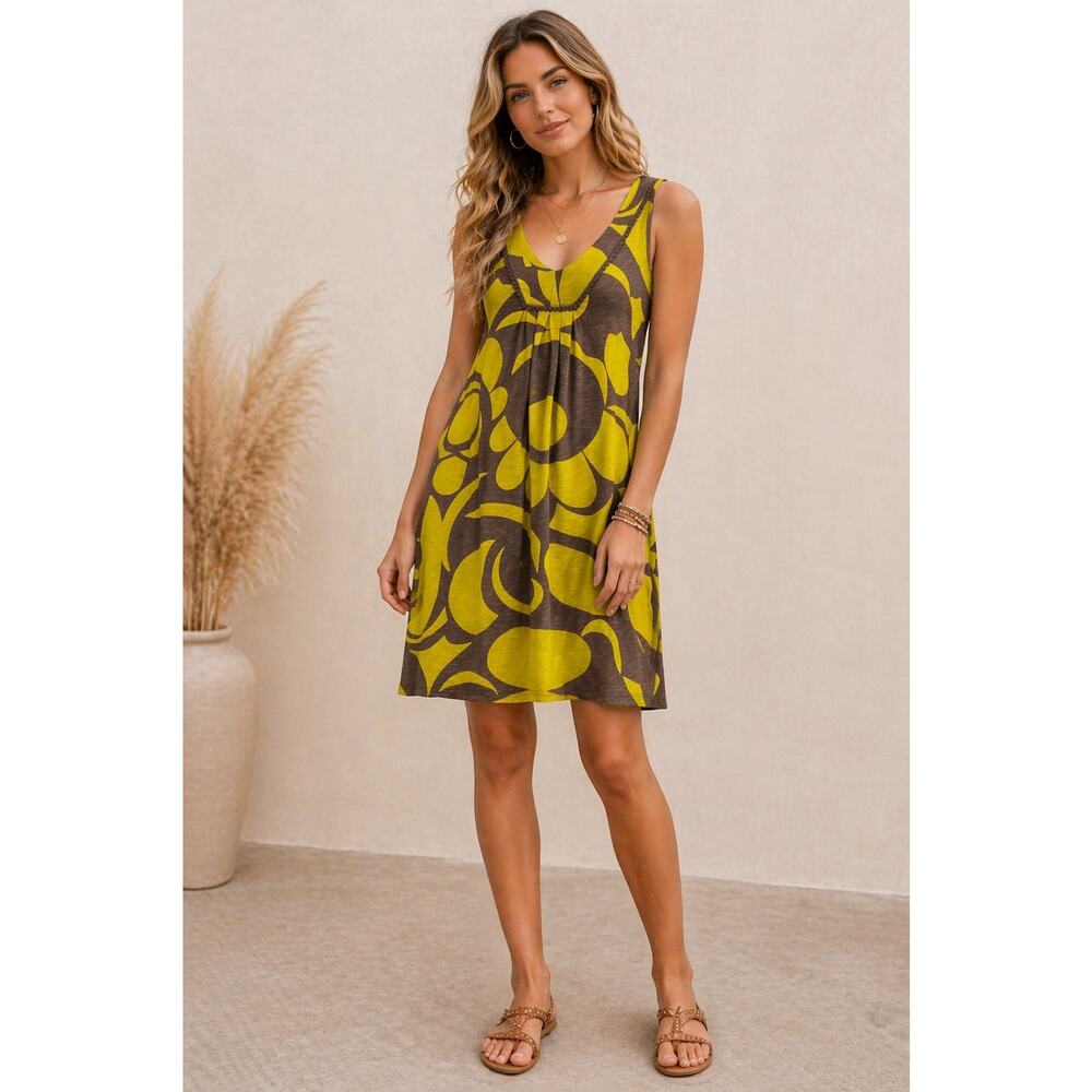 Boden Dress Women 6 Yellow Brown Mod Retro Floral Sleeveless Jersey Knit Stretch